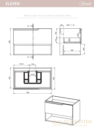 тумба 80 см visobath eleven 76072/quarzo 1 ящик и 1 открытая полка, кварцевый матовый лак (quarzo)